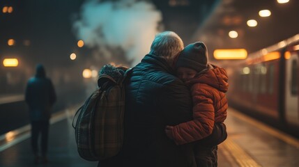 Sticker - A tender moment between an elderly person and a child at a train station.