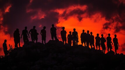 Canvas Print - Silhouetted figures against a vibrant sunset, creating a dramatic and contemplative scene.