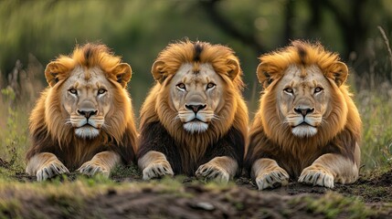 Three Majestic Lions Resting in a Grassy Meadow