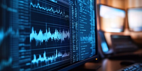 Poster - A closeup of a highresolution digital seismograph shows detailed earthquake data on a monitor, highlighting waveform patterns and seismic analysis essential for understanding seismic activities