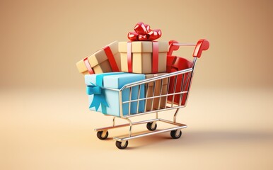 Poster - A shopping cart filled with colorful wrapped gifts.