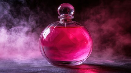 Canvas Print - A glass perfume bottle filled with pink liquid, surrounded by mist.