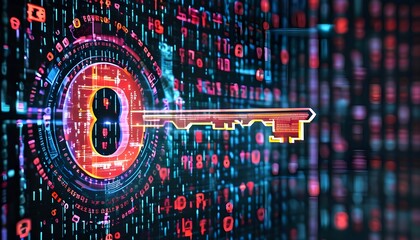 Futuristic digital key symbol over abstract binary code backdrop representing cybersecurity and data protection in internet network technology