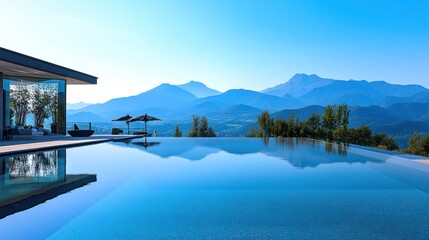 Serene infinity pool overlooking majestic mountains under a clear blue sky.