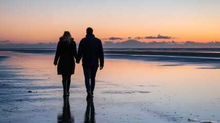 A couple walks hand-in-hand along the beach at sunset, enjoying a serene moment together.