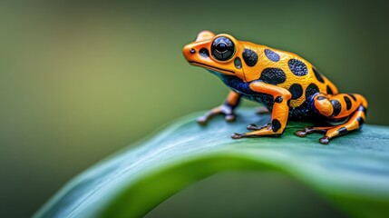 Wall Mural - A vibrant orange and black spotted frog perched on a green leaf, showcasing its natural beauty.