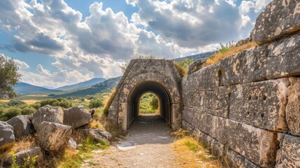 Ancient Stone Tunnel Entrance in a Mountainous Landscape