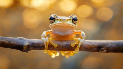 Canvas Print - A close-up of a frog perched on a branch, surrounded by a warm, blurred background.