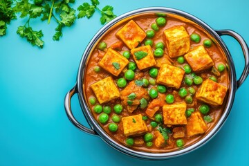 Top view of Indian dish with green peas in orange sauce on blue background, food photography