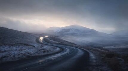 Wall Mural - A winding road through a snowy landscape at dusk, with distant headlights illuminating the scene.