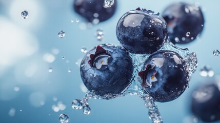 Fresh blueberries splashing in water, highlighting their freshness and vitality.