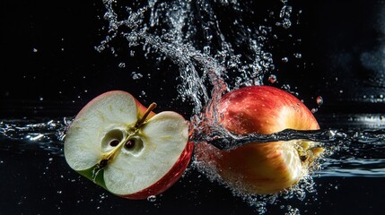 Wall Mural - A splashing apple half and whole submerged in water, showcasing freshness and vitality.