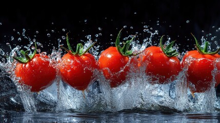 Fresh tomatoes splashing into water, showcasing vibrant colors and dynamic movement.