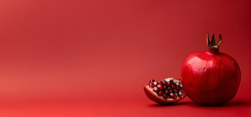 Minimalist pomegranate with seeds on a red background