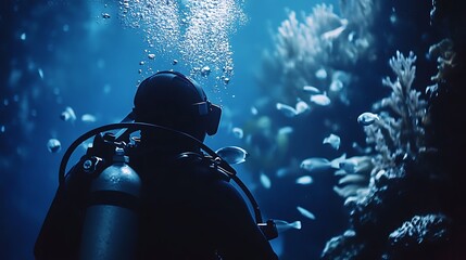 Wall Mural - Generative AI Image of Diver Free Diving with Flippers in Underwater the Riverbed Trough