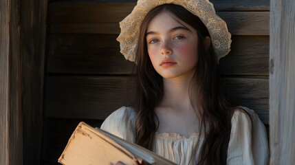 Wall Mural - A young girl in a vintage setting, holding a book, exuding a serene and thoughtful mood.