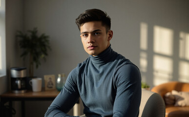 turtleneck on cool young man, confidence and excitement, gen z graphic designer presents, lounge chair, angled light, portrait