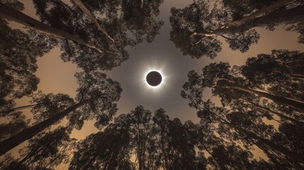 Wall Mural - A solar eclipse viewed through tall trees, creating a dramatic natural frame.