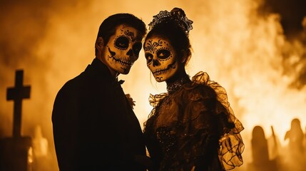 Wall Mural - A couple with sugar skull makeup poses dramatically against a fiery backdrop.