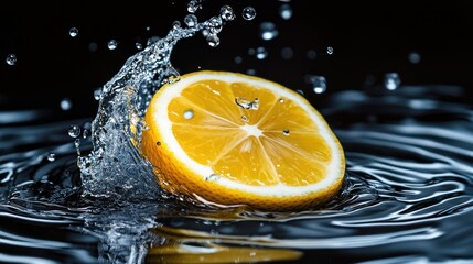 Wall Mural - A fresh lemon slice splashes into water, creating dynamic ripples and droplets.