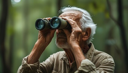 Elderly man birdwatching in the forest with binoculars, exploring nature and studying wildlife for a closer connection to avian life and ecological discovery