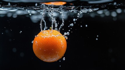 Wall Mural - An orange splashes into water, creating bubbles and ripples.