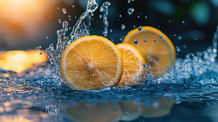 Canvas Print - Slices of lemon splash into water, creating dynamic droplets and a refreshing scene.