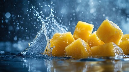 Wall Mural - Fresh mango chunks splashing in water, capturing a refreshing and vibrant moment.