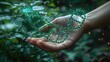 © tunanon - A scientific hand on green plants with faint overlays of biochemistry visuals like DNA and chromosomes swirling in the air