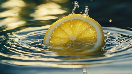 Wall Mural - A lemon slice splashes into water, creating ripples and droplets.