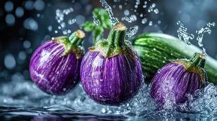 Wall Mural - Fresh vegetables splashing in water, highlighting their vibrant colors and textures.