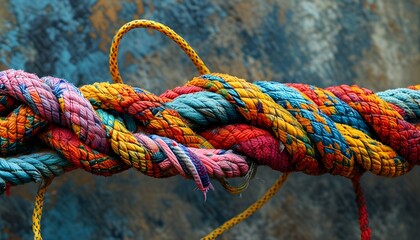 Colorful network of ropes and threads showcasing texture and pattern, symbolizing connection and strength in climbing and safety with an abstract textile backdrop.