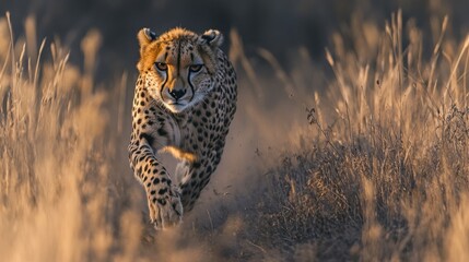 Canvas Print - A cheetah gracefully prowls through tall golden grass, showcasing its agility and beauty.