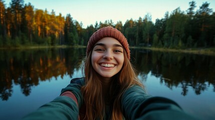 Gorgeous, happy young lady enjoying herself at the lakeside in the forest on a beautiful day, smiling and taking a selfie. superior quality image