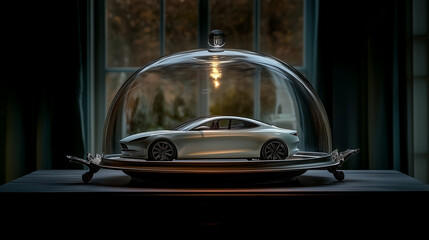 A car placed on a large silver platter and covered by a large glass dome