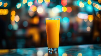 Poster - A refreshing glass of orange juice on a bar counter with colorful bokeh in the background.