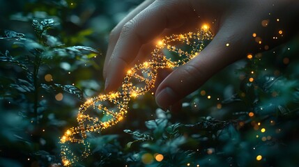 a glowing dna helix and biochemistry structures intertwining with the green plants as a hand touches