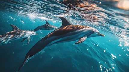 Sticker - A group of dolphins swimming gracefully underwater in a vibrant blue ocean.