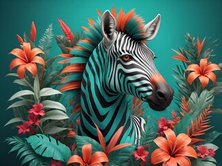 Wall Mural - Zebra with colorful mane posing in lush tropical jungle