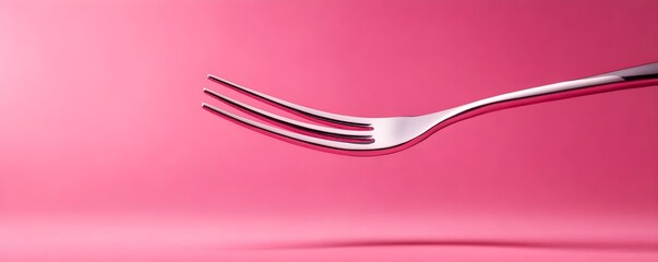 A sleek silver fork is positioned against a vibrant pink background, creating a striking visual contrast and a modern aesthetic.