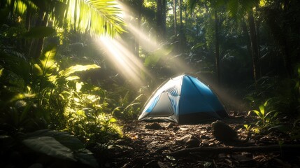 Wall Mural - A blue tent nestled in a lush jungle, illuminated by rays of sunlight filtering through trees.