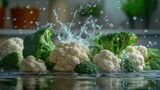 Fresh broccoli and cauliflower splashing in water, showcasing vibrant vegetables.