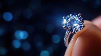 Poster - A close-up of a sparkling diamond ring held between fingers against a blurred background.