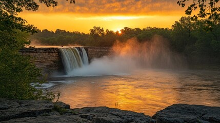 Wall Mural - A serene waterfall at sunset, surrounded by lush greenery and a misty atmosphere.