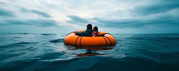 A dramatic scene depicting two individuals on an orange lifebuoy, surrounded by vast ocean waters under a cloudy sky.