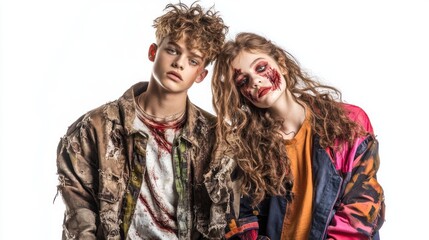 Wall Mural - Two young individuals styled with a zombie theme, featuring dramatic makeup and distressed clothing.