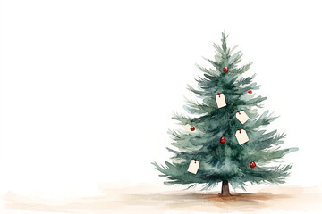 The Christmas tree is decorated with red glass balls and sale tags. Watercolor illustration, copy space.