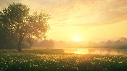 Wall Mural - Golden Hour Sunset Over a Serene Riverbank with Wildflowers