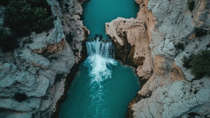 Wall Mural - Aerial view of a turquoise river with a waterfall surrounded by rocky cliffs.