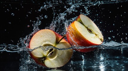 Wall Mural - Sliced apples splashing in water, showcasing freshness and vitality.